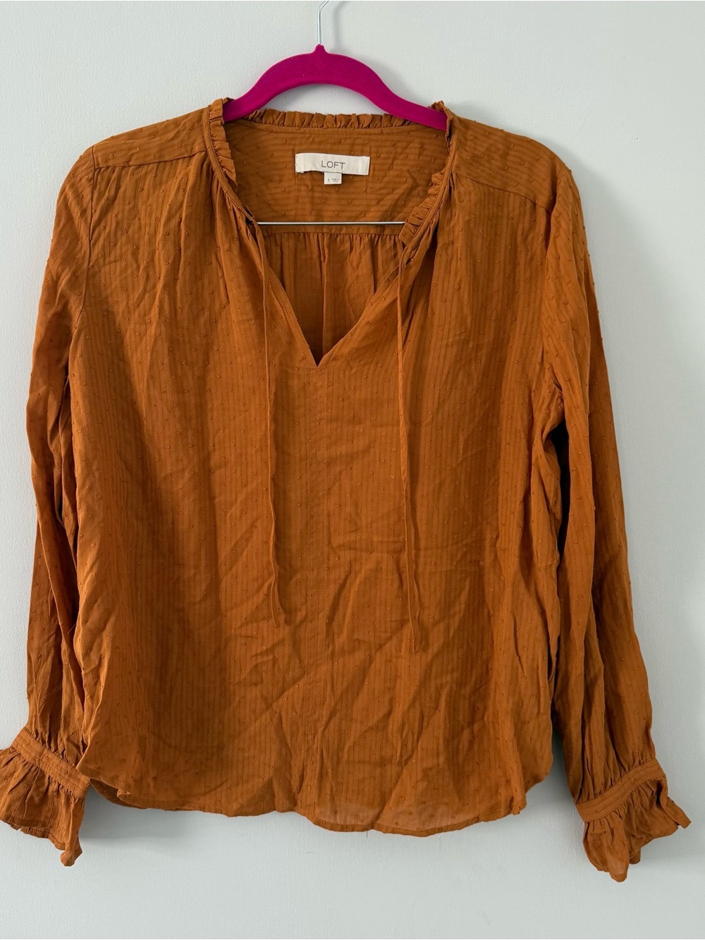 LOFT Rust Orange Ruffle-Trim V-Neck Long Sleeve Blouse